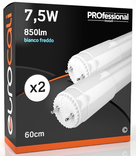 Eurocali 2x Tubes LED 60cm G13 T8 7.5W Professionnel Haute Efficacité Garantie 5 Ans 850 lumens - Lumière Blanc Froid 6500K - Faisceau Lumineux 160° - Remplacement Néon