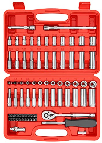 YIYITOOLS 74 Pcs 1/4 Drive Socket Set,1/4-Inch Drive Master Socket Set with Ratchets,Extensions with 1/4 Drive Bits Set,Universal Joint (5/32-Inch- 9/16-Inch, 4mm-14mm)