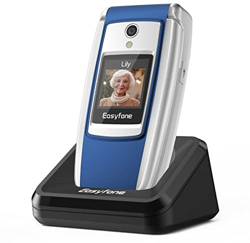 Easyfone T300 4G SIM-Free Flip Mobile Phone for Seniors, 2.4'' HD Display, Big Fonts, Clear Sound, SOS Button, 1500mAh Battery with Charging Dock (Blue)