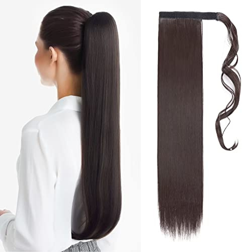 TESS Coleta Postiza Pelo Natural 66 cm, Postizos de Pelo Natural Liso Marrón oscuro (#4A) Coleta Postiza 100g