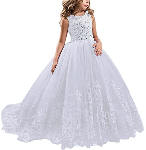 NNJXD Girls Princess Pageant Dress Kids Prom Ball Gowns Wedding Party Flower Dresses 406 White Size(130) 7-8 Years