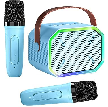 Caiord Máquina de karaoke para niños y adultos, mini altavoz Bluetooth portátil con 2 micrófonos inalámbricos, luces LED para TV, fiesta en casa, regalos para niños y niñas, fiesta familiar,