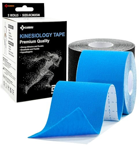 Carbou Kinesiology Tape 5cmx5m-2 Rolls Water Resistant Strips,Elastic Cotton Athletic Tape for Muscle Strain Relief & Joint Support Blue and Black