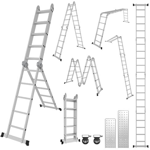 Hebitod Mehrzweckleiter 7 in1 Aluminium Multifunktionsleiter, 4x5 Stufen, 5.82M|Multifunktionsleiter mit 2 Gerüstplatten und 2 Rollen, Klappleiter Arbeitsleiter Haushaltsleiter Steigleiter|bis 150 kg