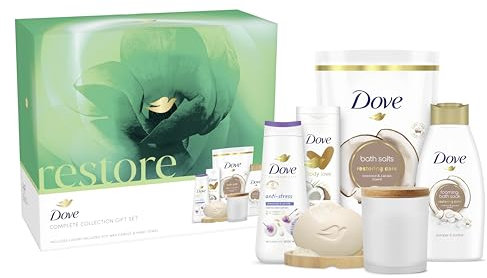 Dove Restore Complete Collection Body Wash, Bath Salt & Soak, Beauty Bar & Lotion Gift Set with a scented candle & bamboo soap tray beauty products 5 piece