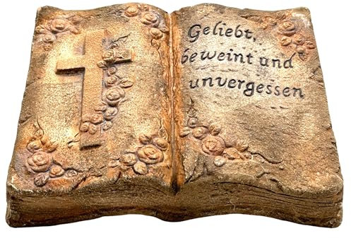 Bambelaa! Grabschmuck Deko Trauerartikel Kreuz auf Buch Geliebt Beweint Unvergessen Ton Ca. 20 x 15 x 4 cm Wetterfest - Grabdeko Grabmale Grabstein Grabbuch Grabartikel Stein Mit Gravur