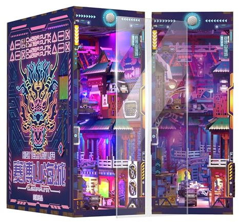 Tonecheer Book Nook Kit 3D Holzpuzzle Booknooks DIY Modellbausätze Erwachsene zum Baue Miniatur Haus Bücherregal Nook Book mit Licht lustiges Geschenke Geburtstagsgeschenk(Cyberstadt)