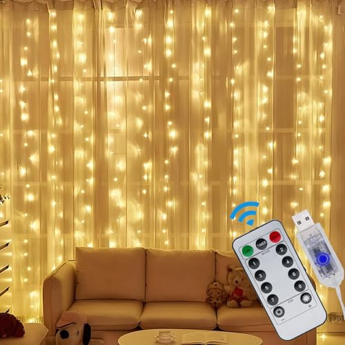 LABEHOLD Rideau Lumineux LED Guirlande Lumineuse - 3x3m 300 LED Rideau Guirlande Lumineuse Imperméable Rideau Led Télécommande Minuterie Rideau de Lumière Intérieur Extérieur, 8 Modes