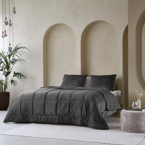 Zelesta Velvetbed Couette Sans Housse en Velours - Lavable, Linge de Lit Hiver et Été Chaude - Hypoallergénique (Anthracite, 200x200 Cm)