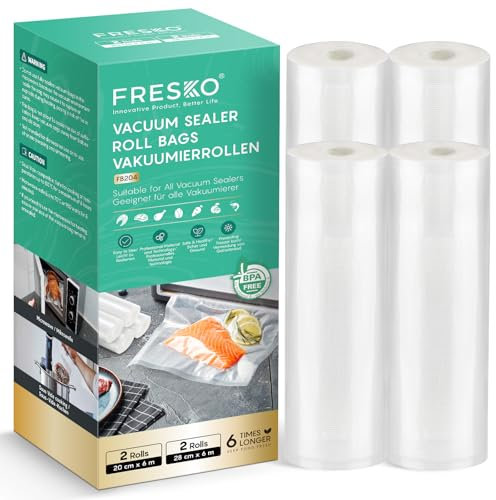 FRESKO Sac Sous Vide Alimentaire, 2 Rouleaux 20x600cm+2 Rouleaux 28x600cm, Sacs de Conservation Réutilisables pour Congélateur, Compatible Machine de Mise Sous Vide, sans BPA