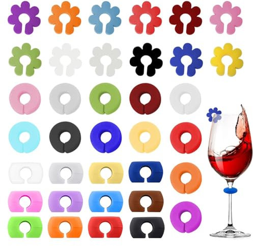 Marque Verre à vin, 36 Pièces Marqueurs de Verre à Vin en Silicone Marque, Identifiants pour Verres de Réception, Accessoires pour le Vin, Idéaux pour la vie Quotidienne et les Fêtes