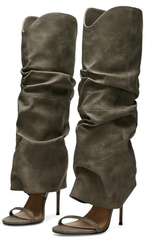 Yishaweiqi Slouched Ruched Knee High Heels for Women Round Open Toe Stiletto Heels Pull On Wide Calf Sandals