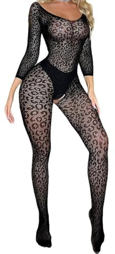 Women Lingerie Fishnet Bodysuit Sparkle Rhinestone Sexy Mesh Teddy Lingerie One Size (Black-bw, One Size)