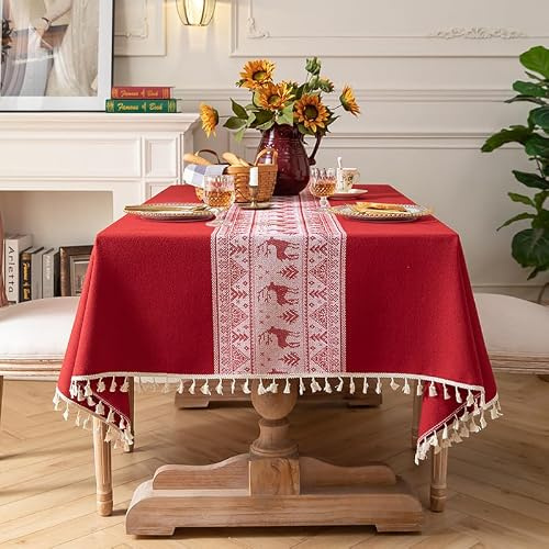 Pahajim Table cloths Rectangular Cotton Linen Washable Table Cover Red | Wipe Clean Tablecloth Printed Dust-Proof with Tassel for Kitchen Dinning Outdoor