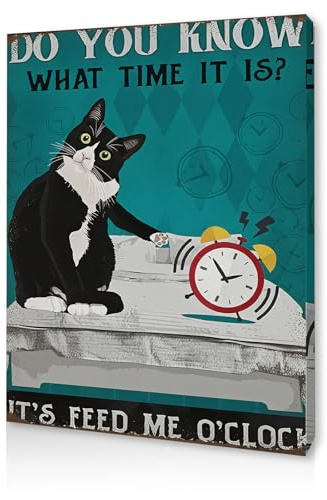 Qiukoo Wall Art Funny Cat Canvas – Framed Bedroom Wall Art with Pre-Mounted Hooks, Feed Me O'Clock Cat Poster for Bedroom Decor, Wall Prints for Living Room, Hallway or Office 12 x 16