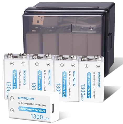 GOROFO USB-C Rechargeable 9V Li-ion Batteries (5-Pack) - 2-Hour Quick Charge for Smoke Detectors, Guitar Pedals, Multimeters - Includes 2-in-1 Charging Cable