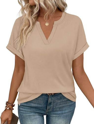 WIHOLL Womens Summer Blouses 2026 Spring Short Sleeve Tshirts Airport Casual Holiday Teacher Outfits Fashion Clothing Khaki XL