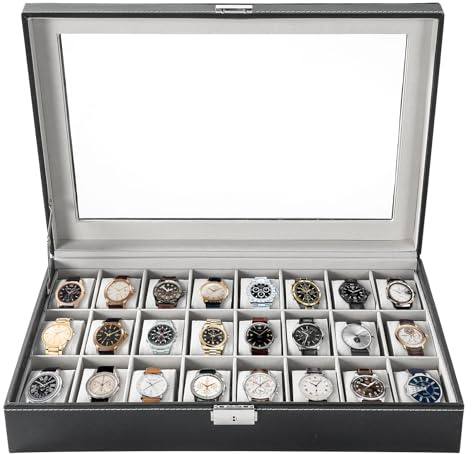 FLKQC 24 Slots Watch Box | Watch Case Display Organizer, Watch Display Case Glass Top for Men Women PU Leather Display Storage Collection Organizer Jewelry Case with Removable Pillows (Grey)