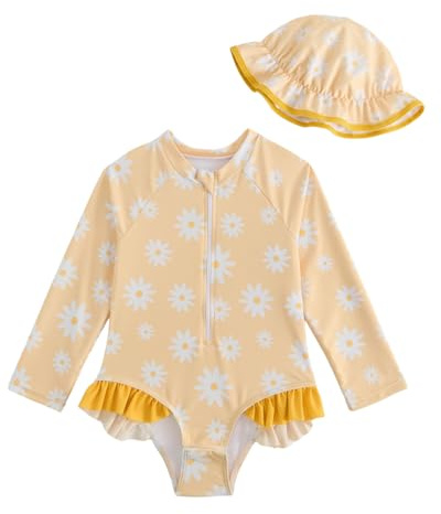 WYTbaby Traje de baño de manga larga para bebé niña con sombrero, volantes florales, parte inferior a presión, protección solar, trajes de baño para bebés niñas 3M-3T, 3-6 meses