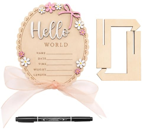 ARYIMYDP Hello World Tarjetas de Hitos Rosas con una Cinta con un Lazo Rosa Incluye un Soporte y un Rotulador Cartel de Madera para Bebé Cartel de Bienvenida para Recién Nacidos Redondo de Madera