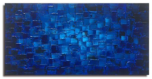 MyArton Large Abstract Dark Blue Square Wall Art Hand Painted Textured Oil Painting on Canvas Ready To Hang 60x30inch