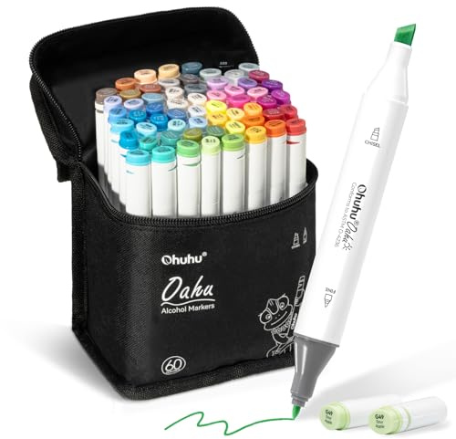 Ohuhu, pennarelli indelebili 24/40/60/80, colori vari, doppia punta, evidenziatori con borsa da trasporto, per la pittura, l'evidenziatura o la sottolineatura 60 Farbe
