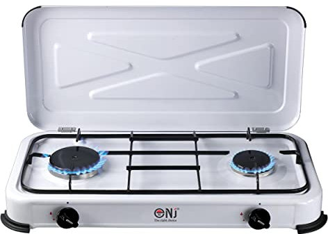 NJ-02 Camping-Gaskocher – Tragbarer Doppelbrenner LPG Gaskocher mit Deckel für den Außenbereich 3,4 kW