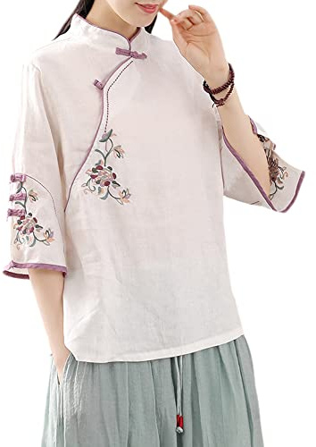 Blusa floral con bordado chino para mujer, manga 3/4, camisa étnica con botón de rana, Blanco, Medium