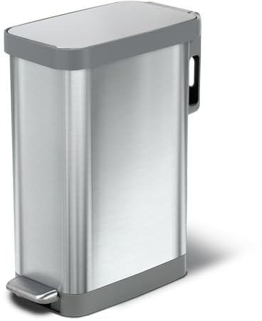 Glad Slim Trash Can with Clorox Odor Protection - Narrow Kitchen Garbage Bin with Soft Close Lid, Step On Foot Pedal and Waste Bag Roll Holder, All Stainless, 45 Liter