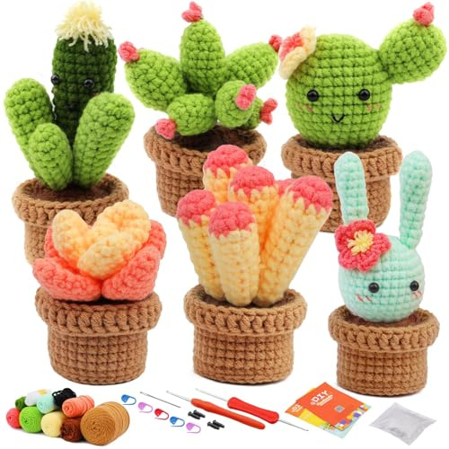 WONVOC Plant Crochet Kit, Crochet Plant Kit for Beginners, Beginner Crochet Kit for Adults, with Crochet Hooks, Crochet Supplies, Plastic Eyes and Instructions, Succulent Plants Mixed 6 Pcs