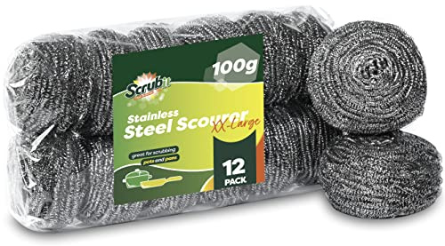 12 Pack Stainless Steel Scourers by Scrub It – Steel Wool Scrubber Pad Used for Dishes, Pots, Pans, and Ovens. Easy scouring for Tough Kitchen Cleaning. (XX Large (100 gram))