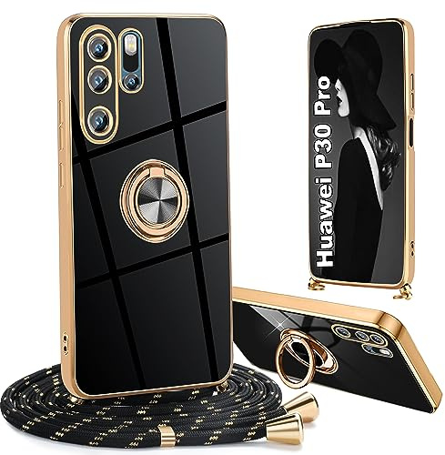 Ptny Coque Huawei P30 Pro avec Bande, avec chaîne de téléphone Portable, avec Anneau à 360 degrés Supports Silicone Souple TPU Résistant aux Chocs pour Huawei P30 Pro Coque,Noir