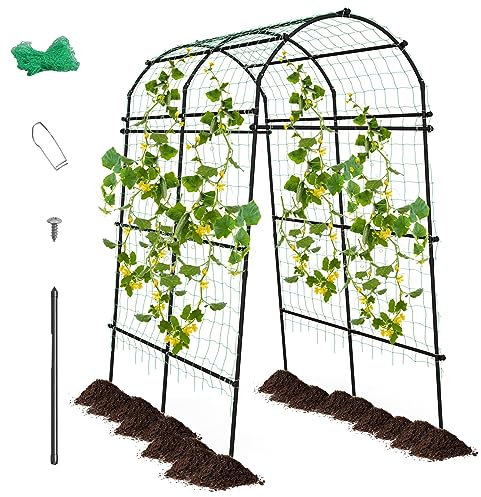 COSTWAY 7.5x6 Feet Garden Arch Trellis for Climbing Plants, Large Plant Support Archway with Nylon Netting & Rotation Hole Rods, Metal Cucumber Grow Trellis for Garden Raised Bed