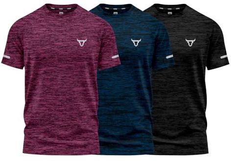 Pack of 3 Mens Workout Short Sleeve T-Shirts Athletic Fit Fast Drying Moisture Wicking Sports Style T-Shirts (UK, Alpha, M, Regular, Regular, Pack of 3 Blue Black Maroon)