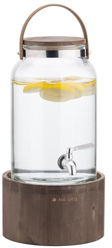 Navaris Getränkespender - Bowle Gefäß mit Deckel - Getränkespender Glas - Wasserspender Glas - Limonadenspender - Saftspender - Ledergriff und Holzständer - 5,6 Liter