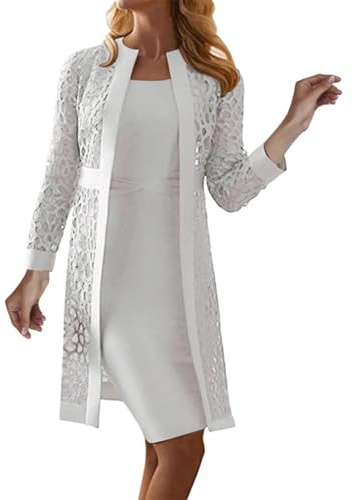 Trajes de vestir elegantes para mujer, vestidos de madre de la novia y chaquetas para mujeres más grandes, color sólido, cárdigans de encaje, vestido de verano con chaquetas de manga larga, conjuntos