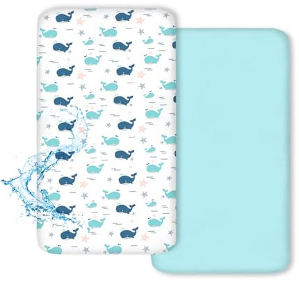 Matratzenbezug Spannbettlaken Bettlaken 2er Pack, Wal Muster 100% Wasserdicht mit Gummiband, Wassergrün, 70x140cm,Oeko-TEX Standard 100 Zertifiziert