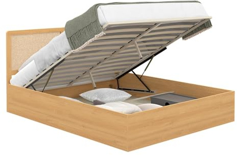 IDMarket - Lit Coffre Double EDHEN avec tête de lit cannage et sommier 140 x 190 cm Coloris Bois
