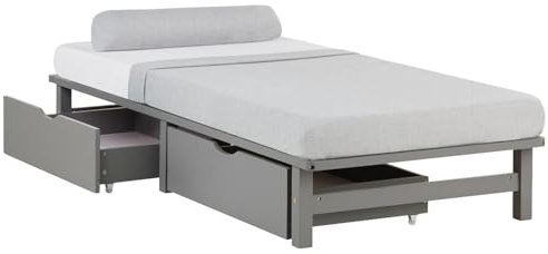 Homestyle4u Lit en bois massif avec espace de rangement, 90 x 200 cm, en palettes, avec matelas, gris
