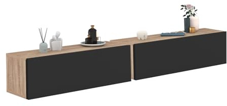 IDMarket - Lot de 2 Consoles suspendues étagères murales ELYOS 1 Porte Bois et Noir
