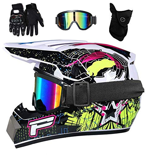 Unisexo MTB Casco de Motocross, Juventud Niños Integral Todoterreno ATV Moto Cascos, Deporte Al Aire Libre Descenso Enduro Quad Dirt Bike Chocar Casco, con Gafas Guantes Mascarilla(Blue,M/54-55CM)