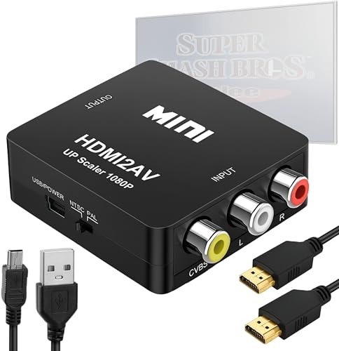 Convertidor RCA a HDMI, AV a Hdmi, kit completo de cables RCA / HDMI incluidos - 1080p Mini adaptador de vídeo de audio compuesto, compatible con PAL/NTSC, retro gaming/PS1/PS2/Xbox/VHS/GameCube/Wii