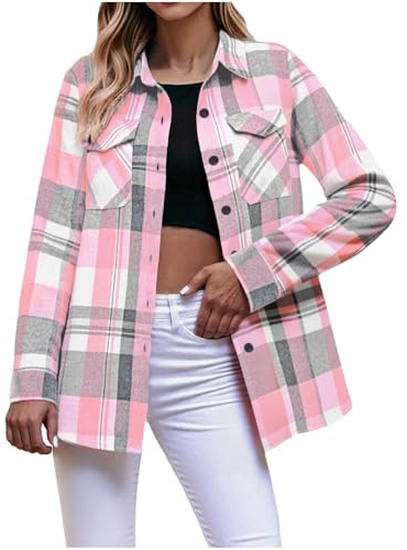 AMhomely Plaid Flannel Shirts for Women Buffalo Plaid Shirts Oversized Long Sleeve Casual Button Down Blouse Top