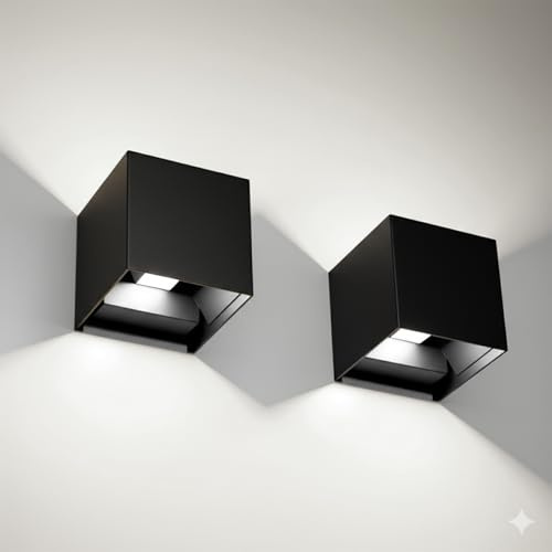Voltix 2 Pezzi Applique da Parete LED per Esterno e Interno, Lampada da Parete Moderna Nero 12W, IP65 Impermeabile, Fascio Luminoso Regolabile, Design Cubo Quadrato per Muro (6000K – Luce Fredda)