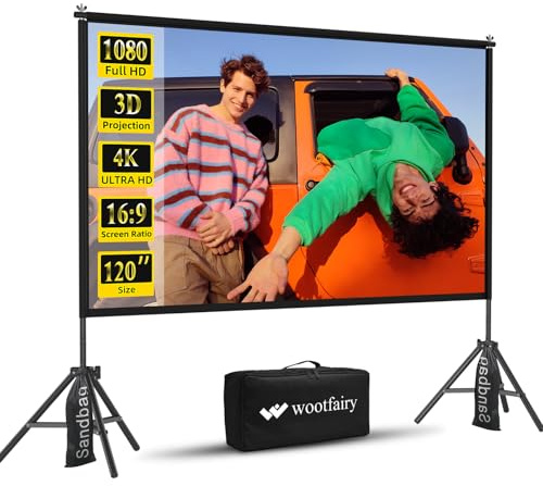 Projector Screen with Stand, Wootfairy 120 inch Portable and Foldable Indoor Outdoor Projection Screen 16:9 4K HD Rear Front Wrinkle-Free Movie Screen with Carry Bag for Home Theater Backyard Cinema