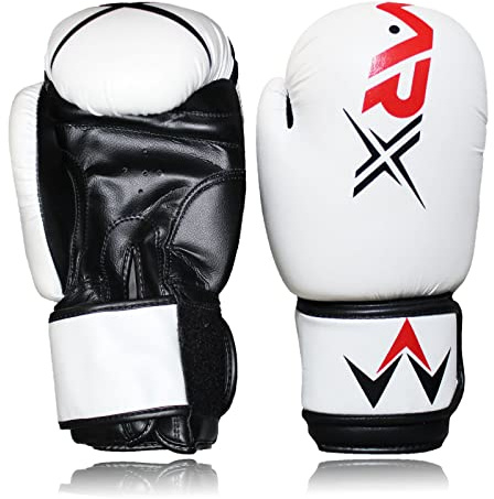 WARX Boxing Gloves Training, Sparring, Muay Thai MMA, Kickboxing, Men Women Adult, Leather, Heavy Punching Bag Mitts Focus Pads Workout, Ventilated Palm (White/Black, 10oz)