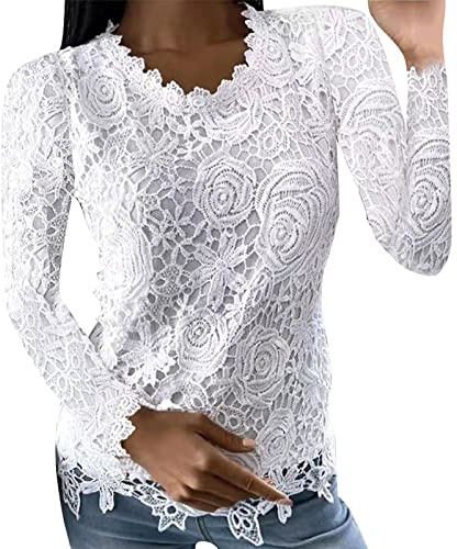 White Lace Tops for Women UK - Ladies Blouses Going Out Elegant 2026 Summer Floral Lace Eyelet Shirts Crew Neck Ruffle Long Sleeve Plain Tee Shirts Casual Party Tunic Tops