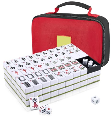 Neulriscn Mahjong Set, 144 Pcs Chinese Mahjong Tiles Game, Medium Size Mah Jong with English Number, 3 Dice, Portable Mah Jong Set with Carrying Bag for Travel Family Gathering Party (30x22.5x17mm)