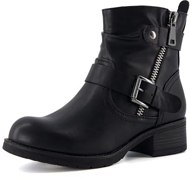 Dunes Max Motorcycle Womens Ankle Boots – Comfortable Booties for Women with Zipper & Buckle, Combat Boots Style, Memory Foam, Wide Width Options BLACK 10