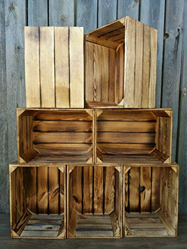 PYXIDAS Rustic Wooden Storage Crates - Handmade Home, Kitchen & Office (6) | Handmade solid wood construction, charred finish, stackable design, rectangular shape, indoor outdoor use